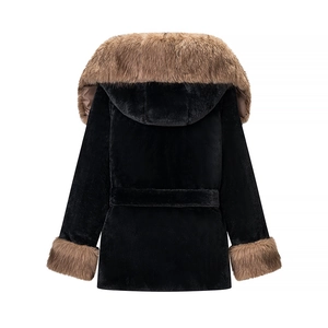 Women's black faux fur hooded jacket with brown plush trim, stylish winter belted mid-length coat
