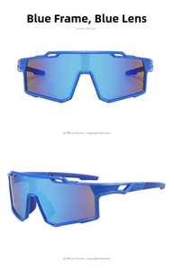 Detail view of sports sunglasses featuring blue frames and colorful blue coated lenses