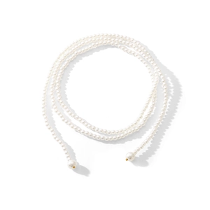 French vintage multi-layer long pearl necklace with golden accents on a white background