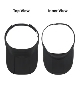 Top and inside views of a black quick-dry sun visor showing material and adjustable strap