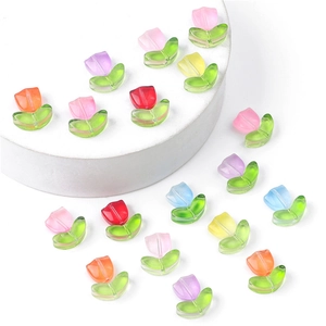 DIY colorful glass tulip flower and green leaf beads set for jewelry making projects