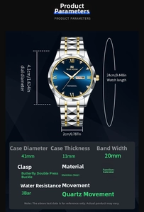 Detailed size chart for 41mm stainless steel quartz watch with 3Bar water resistance