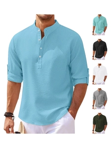Detail of waffle knit fabric texture on light blue men's mandarin collar henley polo shirt
