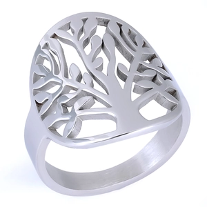 Macro shot of stainless steel life tree ring with hollowed branches and polished band