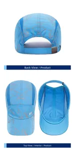 Detailed views of blue quick-dry outdoor cap showing breathable mesh and inner structure