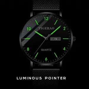 TIGERAO quartz watch with luminous hands, star sky dial and black mesh band