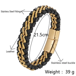 Detail of 21.5cm black braided leather bracelet with golden stainless steel magnetic clasp
