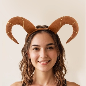Brown fleece sheep horn headband with gold thread decor for Halloween cosplay party