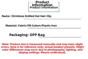 Detailed specifications of the Christmas knitted hat hair clip with OPP bag packaging