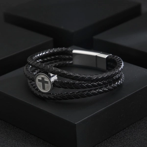 Three-layer braided black leather bracelet for men with silver stainless steel cross charm