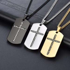 Three-color stainless steel cross military tag necklaces in black, silver, and gold
