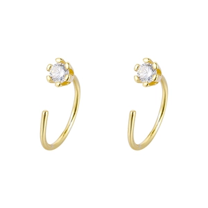 Elegant gold open hoop earrings with round cubic zirconia in classic six-prong setting