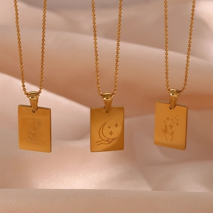 Celestial Square Pendant Necklace 18K Gold Plated Stainless Steel Sun Moon Star Hand Gesture Ball Chain Jewelry Women