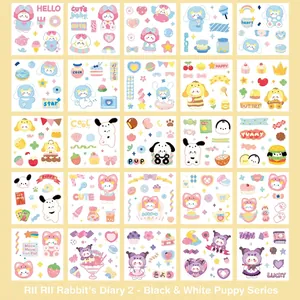 Detailed grid view of 25 cute cartoon animal stickers featuring dogs and rabbits