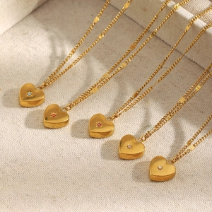 Five 18K gold plated stainless steel heart necklaces with colorful zircon stones