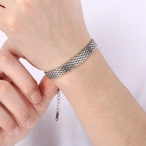 Close-up of four-row braided titanium steel chain bracelet with adjustable lobster clasp