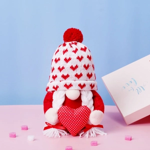 Christmas Valentine Gnome plush with red heart pattern and knitted hat for party decor
