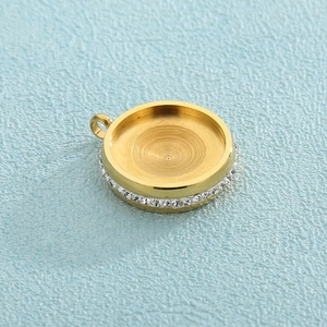 Golden round stainless steel pendant base with sparkling crystal rhinestones for DIY jewelry