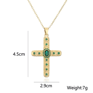 Detailed view of 18K gold plated cross pendant with green stones and dimensions
