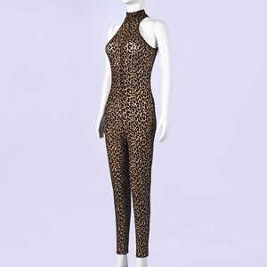 Detail of mock neck leopard print catsuit with sheer mesh fabric and slim fit design