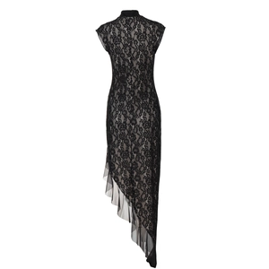 Close-up of black lace dress showing floral texture and asymmetric mesh hemline details