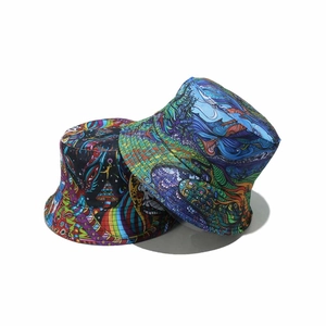 Summer bucket hats with psychedelic art prints in navy blue and red black styles