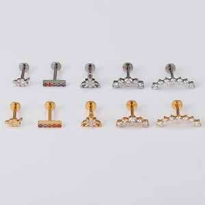 F136 titanium leaf cartilage studs with zircon in gold and silver finishes set