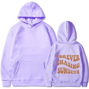 Purple oversized hoodie with Forever Chasing Sunsets back print and front kangaroo pocket