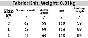 Detailed size chart for V-neck long sleeve diamond pattern knit sweater showing measurements