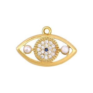 Close-up of golden evil eye pendant with blue zircon, white crystals and side pearls
