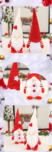 Detailed views of knit Christmas gnomes with heart and star patches on festive background