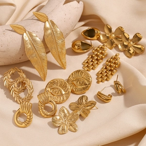 Retro 18K gold plated stainless steel petal and geometric stud earrings for women