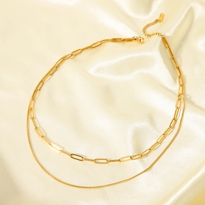 Collana a doppio strato in acciaio inossidabile placcato oro 18K con catena a maglia