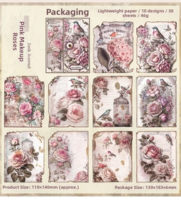 Detail of vintage floral junk journal stickers with pink roses and retro manuscripts