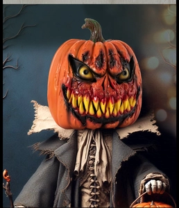 Detailed view of evil pumpkin head scarecrow ornament with spooky Halloween lantern