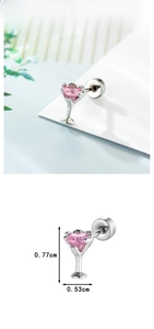 Macro detail of a pink heart zircon stud earring with size dimensions 0.77cm by 0.53cm