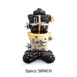 58-inch Happy New Year standing balloon column with black and gold gift box design