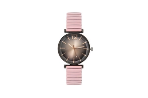 Detailed macro view of pink stretch metal band and brown sunray dial watch