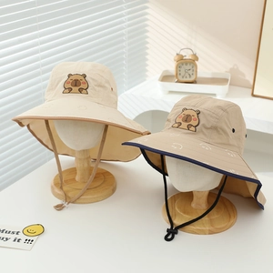 Kids Sun Protection Bucket Hat With Neck Flap Cartoon Capybara Embroidery Quick Dry Breathable Polyester Outdoor Hat