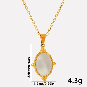 Detailed size view of oval stainless steel pendant with white shell inlay and measurements