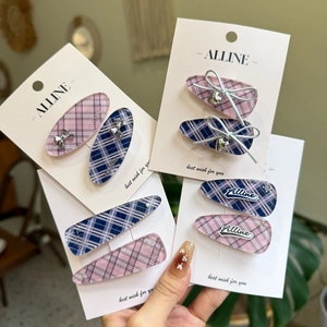 Sweet Plaid Pattern Acrylic Bowknot Hair Clips Korean Style Heart Pendant Duckbill Clips Set For Women Girls Hair Accessories