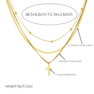 Gold layered stainless steel necklace with cross pendant and multi-strand chain dimensions