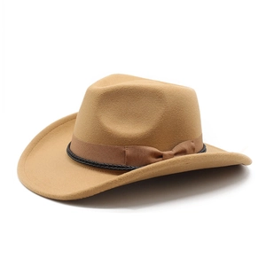 Detailed view of camel wool felt hat with ribbon bow and woven rope accents