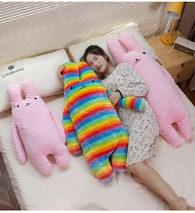 Cozy long-strip plush rabbit pillow set featuring soft rainbow and pink dotted textures