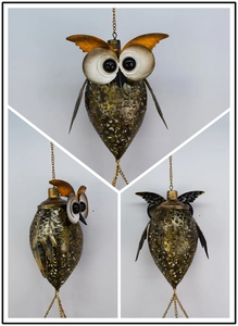 Detailed views of owl wind chime with bronze finish and intricate hollow patterns