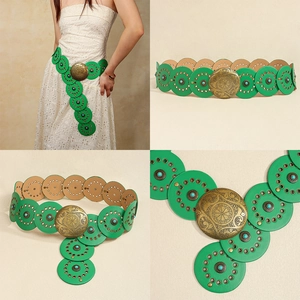 Détails de la ceinture en cuir vert sertie de turquoise avec boucle en bronze vintage