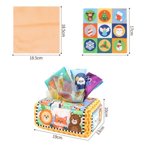Detailed size specifications for baby tissue box toy with sensory scarves and animal prints