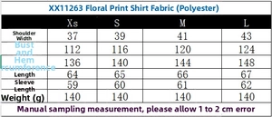 Detaillierte Größentabelle für Blumenprint-Chiffonbluse mit Schluppe und langen Ärmeln
