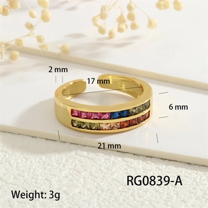 Detailed view of 18K gold plated ring dimensions with colorful zircon stones