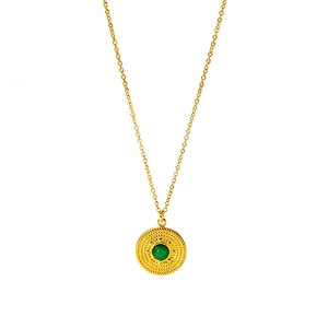 Retro stainless steel necklace with gold round pendant featuring turquoise stone inlay